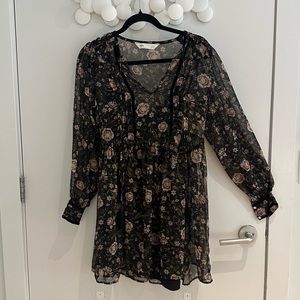 Zara chiffon sheer floral dress velvet trim